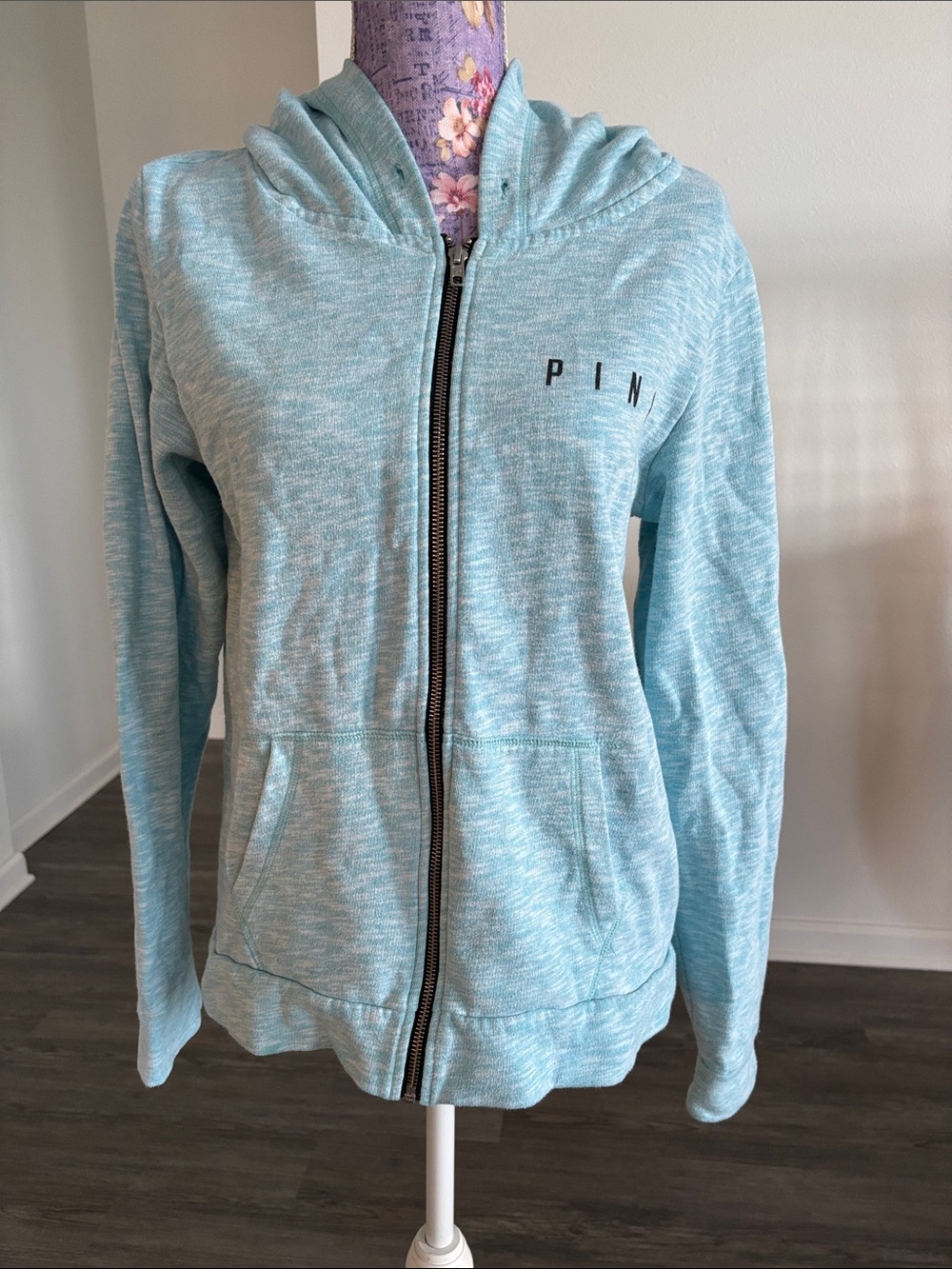 PINK Victoria's Secret Heathered Light Blue Zip-Up Hoodie